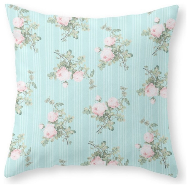 Shabby Chic Roses Pink and Mint Throw Pillow - Farmhouse - Decorative Pillows - by Society6